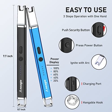 Aneagle Lighter Electric Candle Lighter 2 Packs Upgraded Rechargeable Candle Lighter with LED Flashlight Windproof Flameless and Hanging Hook LED Battery Display Arc Lighter for Candle Grill Camping
