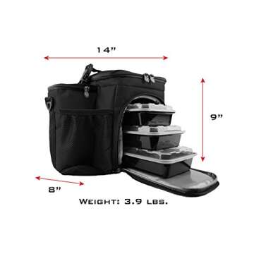 Meal Prep Bag ISOBAG 3 Meal Insulated Lunch Bag Cooler with 6 Stackable Meal Prep Containers, 2 Ice Pack ISOBRICKS, and Shoulder Strap - MADE in USA (Blackout)