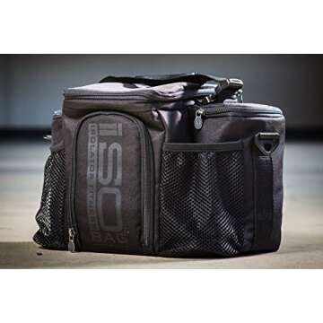 Meal Prep Bag ISOBAG 3 Meal Insulated Lunch Bag Cooler with 6 Stackable Meal Prep Containers, 2 Ice Pack ISOBRICKS, and Shoulder Strap - MADE in USA (Blackout)
