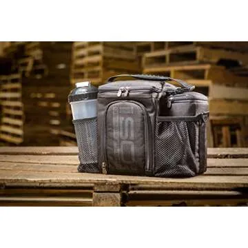 Meal Prep Bag ISOBAG 3 Meal Insulated Lunch Bag Cooler with 6 Stackable Meal Prep Containers, 2 Ice Pack ISOBRICKS, and Shoulder Strap - MADE in USA (Blackout)