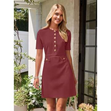 MEROKEETY Women's Knit Bodycon Sweater Dress Button Short Sleeve Crew Neck Elegant Formal Mini Dress, Wine, Medium