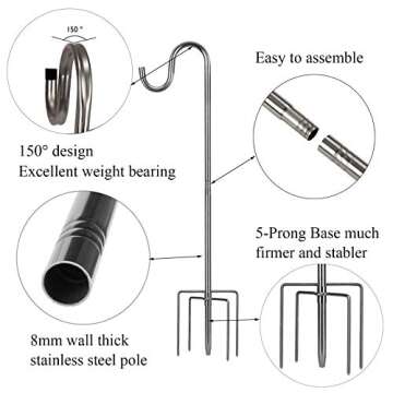 COCONUT Shepherds Hook - 62" Adjustable Stainless Steel for Bird Feeders, Lanterns, and Garden Decor