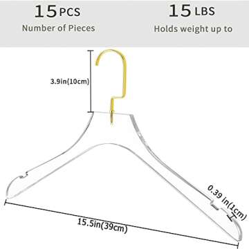 Besser Acrylic Clear Hangers 15 Pack Gold Acrylic Hangers Premium Quality Crystal Clear Hangers with Gold Hooks Luxury Dress Suit Hangers（Gold Hook）