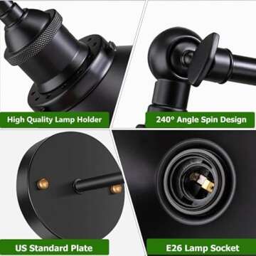 Licperron Black Wall Sconce, Industrial Vintage Wall Sconces Lighting Set of Two for Bedroom Kitchen Bathroom, 240 Degree Adjustable Rustic Antique Gooseneck Wall Lamp, Whole Lamp UL Approval