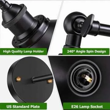 Licperron Black Wall Sconce, Industrial Vintage Wall Sconces Lighting Set of Two for Bedroom Kitchen Bathroom, 240 Degree Adjustable Rustic Antique Gooseneck Wall Lamp, Whole Lamp UL Approval