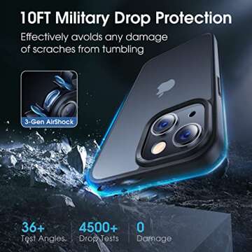 CASEKOO for iPhone 14 Case/iPhone 13 Case Matte Shockproof, [10FT Mil-Grade Drop Protection] [Never Yellow] Translucent Slim Cover Women Men for iPhone Case 6.1'', Frosted Black