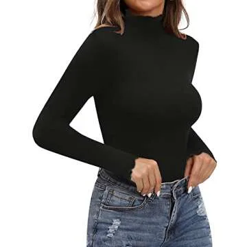 MANGOPOP Long Sleeve Bodysuits for Women Ruffle Mock Turtle Neck Slim Fitted Body Suit Shirts