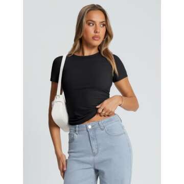 Trendy Queen Womens Basic T Shirts Summer Tops 2025 Crop Short Sleeve Y2k Tee Cute Gym Fashion Workout Clothes Black Medium