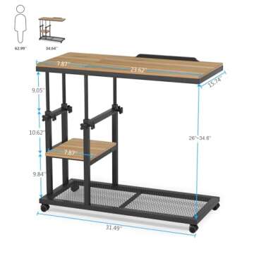 Tribesigns Height Adjustable C Table with Wheels, Mobile Couch Snack Side Table with Tiltable Drawin...