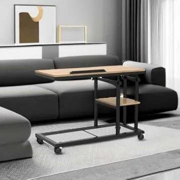 Tribesigns Height Adjustable C Table with Wheels, Mobile Couch Snack Side Table with Tiltable Drawing Board, Sofa Bedside Laptop Stand C Shaped TV Tray with Storage Shelves (Black+Oak)