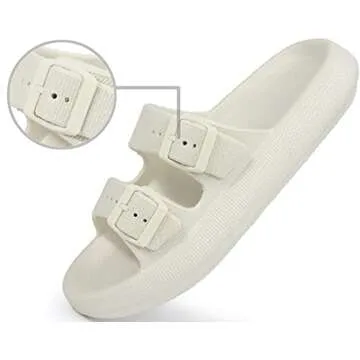 BenSorts Women pillow Slippers slides Double Buckle Adjustable EVA Flat Sandal Shower Shoes Soft Cushioned Thick Sole Slippers Beige Men Size 3.5 4.5 Women Size 5.5 6.5