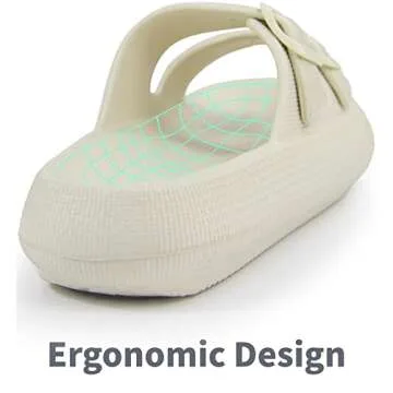 BenSorts Women pillow Slippers slides Double Buckle Adjustable EVA Flat Sandal Shower Shoes Soft Cushioned Thick Sole Slippers Beige Men Size 3.5 4.5 Women Size 5.5 6.5