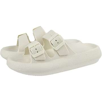BenSorts Women pillow Slippers slides Double Buckle Adjustable EVA Flat Sandal Shower Shoes Soft Cushioned Thick Sole Slippers Beige Men Size 3.5 4.5 Women Size 5.5 6.5