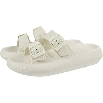 BenSorts Women pillow Slippers slides Double Buckle Adjustable EVA Flat Sandal Shower Shoes Soft Cushioned Thick Sole Slippers Beige Men Size 3.5 4.5 Women Size 5.5 6.5