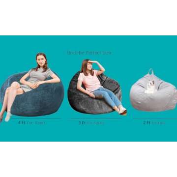 Bean Bag Chairs with Faux Rabbit Fur Cover, 3 ft Giant Memory Foam Bean Bag Chairs for Adults/Teens with Filling,Ultra Soft Faux Fur Fabric, Round Fluffy Sofa for Living Room Bedroom College Dorm