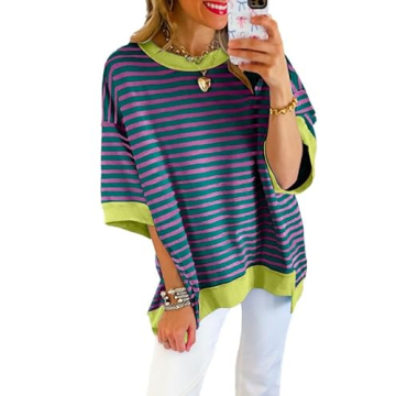 SHEWIN Womens Fashion Short Sleeve Shirts Trendy Loose Crewneck Oversized Sweatshirt Striped Knit Sw...