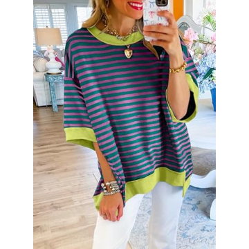 SHEWIN Women's Trendy Oversized Summer Top in Purple Stripe