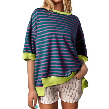 SHEWIN Women's Trendy Oversized Summer Top in Purple Stripe