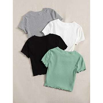MakeMeChic Women's 4 Pack Short Sleeve Lettuce Trim Ribbed Knit Tees Crop Tops Multicolor M