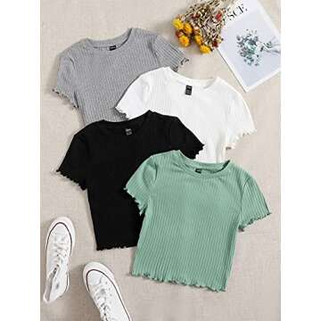 MakeMeChic Women's 4 Pack Short Sleeve Lettuce Trim Ribbed Knit Tees Crop Tops Multicolor M