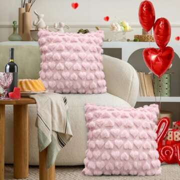 Emvency Valentines Day Pink Heart Love Decorative Throw Pillow Covers 18x18 Set of 2, Soft Plush Faux Fur Wool Pillow Covers for Couch Bed Sofa Living Room