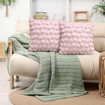 Emvency Valentines Day Pink Heart Love Decorative Throw Pillow Covers 18x18 Set of 2, Soft Plush Faux Fur Wool Pillow Covers for Couch Bed Sofa Living Room