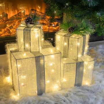 Hourleey Set of 4 Christmas Lighted Gift Boxes, 3FT Pre-lit 70 LED Stackable Light Up Present Boxes ...
