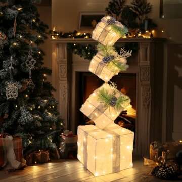 Hourleey Christmas Lighted Gift Boxes Stackable Décor