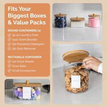 Set of 3 Large Airtight Laundry Containers for Organizing - Dryer Sheet Holder & Laundry Jars with Lids, Labels & Scoops - Acrylic Laundry Storage Containers for Powder, Pods, Detergent, Scent Booster