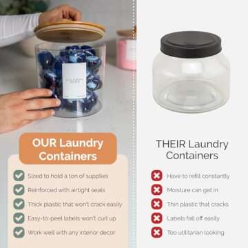 Set of 3 Large Airtight Laundry Containers for Organizing - Dryer Sheet Holder & Laundry Jars with Lids, Labels & Scoops - Acrylic Laundry Storage Containers for Powder, Pods, Detergent, Scent Booster