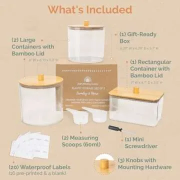 Set of 3 Large Airtight Laundry Containers for Organizing - Dryer Sheet Holder & Laundry Jars with Lids, Labels & Scoops - Acrylic Laundry Storage Containers for Powder, Pods, Detergent, Scent Booster