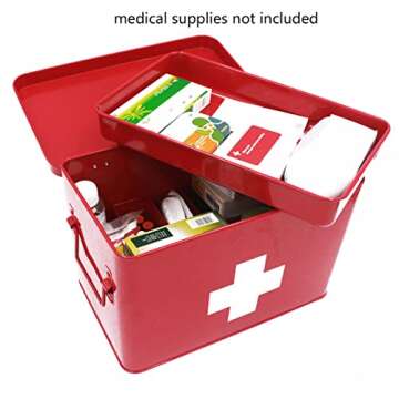 Funly mee Vintage First aid Box for Home, Medicine Tin, Red Metal Medicine Storage Box (Large 12.6× 8.3×7.7 inches)