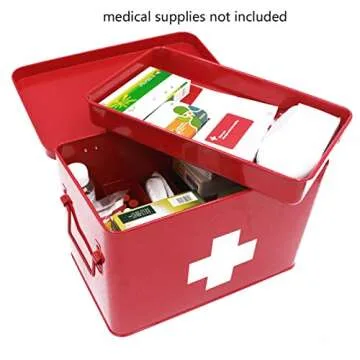 Funly mee Vintage First aid Box for Home, Medicine Tin, Red Metal Medicine Storage Box (Large 12.6× 8.3×7.7 inches)