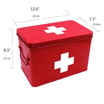 Funly mee Vintage First aid Box for Home, Medicine Tin, Red Metal Medicine Storage Box (Large 12.6× 8.3×7.7 inches)