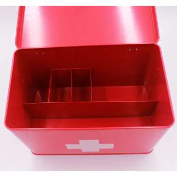 Funly mee Vintage First aid Box for Home, Medicine Tin, Red Metal Medicine Storage Box (Large 12.6× 8.3×7.7 inches)