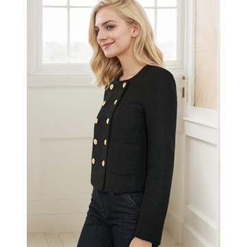 Kedera Womens Cropped Tweed Blazer Jackets Long Sleeve Open Front Blazer for Work Casual Business Outfits Black