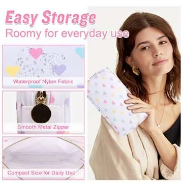 Nylon Small Makeup Bag for Purse, Cute Makeup Bag Preppy Cosmetic Zipper Pouch Purse, Waterproof Portable Travel Toiletry Bag Clutch Makeup Brush Bag Organizer Storage for Women Men Girl(White-Heart)