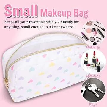 Nylon Small Makeup Bag for Purse, Cute Makeup Bag Preppy Cosmetic Zipper Pouch Purse, Waterproof Portable Travel Toiletry Bag Clutch Makeup Brush Bag Organizer Storage for Women Men Girl(White-Heart)