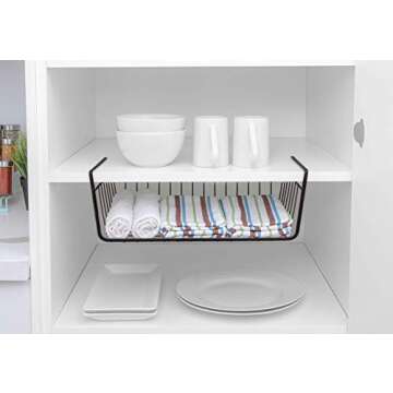 Smart Design Undershelf Storage Basket - Medium - Snug Fit Arms - Steel Metal Wire - Rust Resistant - Under Shelves, Cabinet, Pantry, and Shelf Organization - 16 x 5.5 Inch - Black