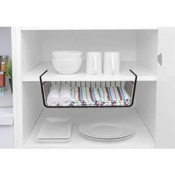 Smart Design Undershelf Storage Basket - Medium - Snug Fit Arms - Steel Metal Wire - Rust Resistant - Under Shelves, Cabinet, Pantry, and Shelf Organization - 16 x 5.5 Inch - Black