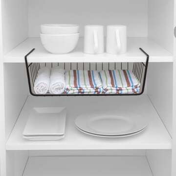 Smart Design Undershelf Storage Basket - Medium - Snug Fit Arms - Steel Metal Wire - Rust Resistant - Under Shelves, Cabinet, Pantry, and Shelf Organization - 16 x 5.5 Inch - Black