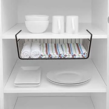 Smart Design Undershelf Storage Basket - Medium - Snug Fit Arms - Steel Metal Wire - Rust Resistant - Under Shelves, Cabinet, Pantry, and Shelf Organization - 16 x 5.5 Inch - Black