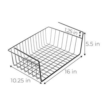 Smart Design Undershelf Storage Basket - Medium - Snug Fit Arms - Steel Metal Wire - Rust Resistant - Under Shelves, Cabinet, Pantry, and Shelf Organization - 16 x 5.5 Inch - Black