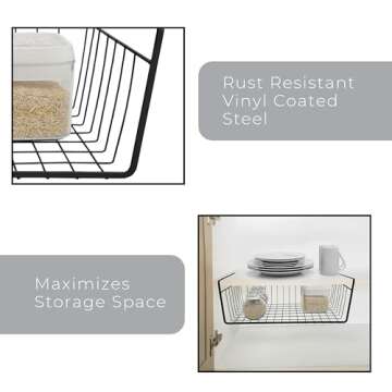 Smart Design Undershelf Storage Basket - Medium - Snug Fit Arms - Steel Metal Wire - Rust Resistant - Under Shelves, Cabinet, Pantry, and Shelf Organization - 16 x 5.5 Inch - Black