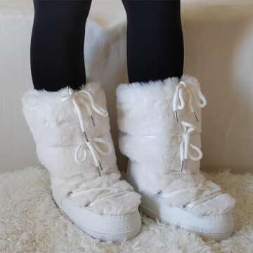 ZHENAIYISHENG Faux Fur Boots for Women - Fuzzy Fluffy Furry Water Resistant Snow Boots for Women - Anti-Slip with Cotton Sponge Lined and TPR Rubber Sole Black White Fur Boots (whitee 5)