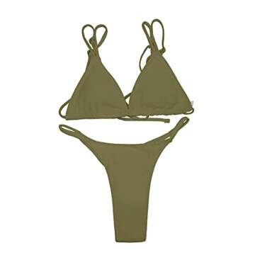 ForBeautyShe Women's Sexy High Cut Double Shoulder Straps Bikini Padded Bathing Suit Cheeky Thong Brazilian Swimsuit Army Green M