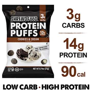 Shrewd Food Protein Puffs - Sweet and Crispy Dessert Puffs, Low Carb High Protein Cereal Snack, Peanut Free, Gluten Free, 12g Protein - Caramel Apple Pie & Cookies and Cream, 0.74 Oz (Pack of 8)