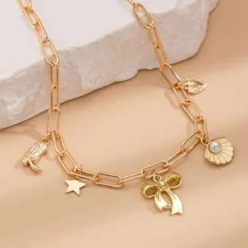 Dcfywl731 Bow Charm Necklace Dainty Gold Coastal Charm Necklace Choker Bowknot Chain Necklace Bow Jewelry Gift for Women