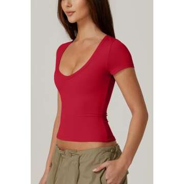 QINSEN Women's Sexy Deep V Neck T Shirts Double Lined Short Sleeve Crop Tops Casual Basic Going Out Top Red XS