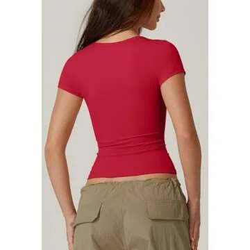 QINSEN Women's Sexy Deep V Neck T Shirts Double Lined Short Sleeve Crop Tops Casual Basic Going Out Top Red XS